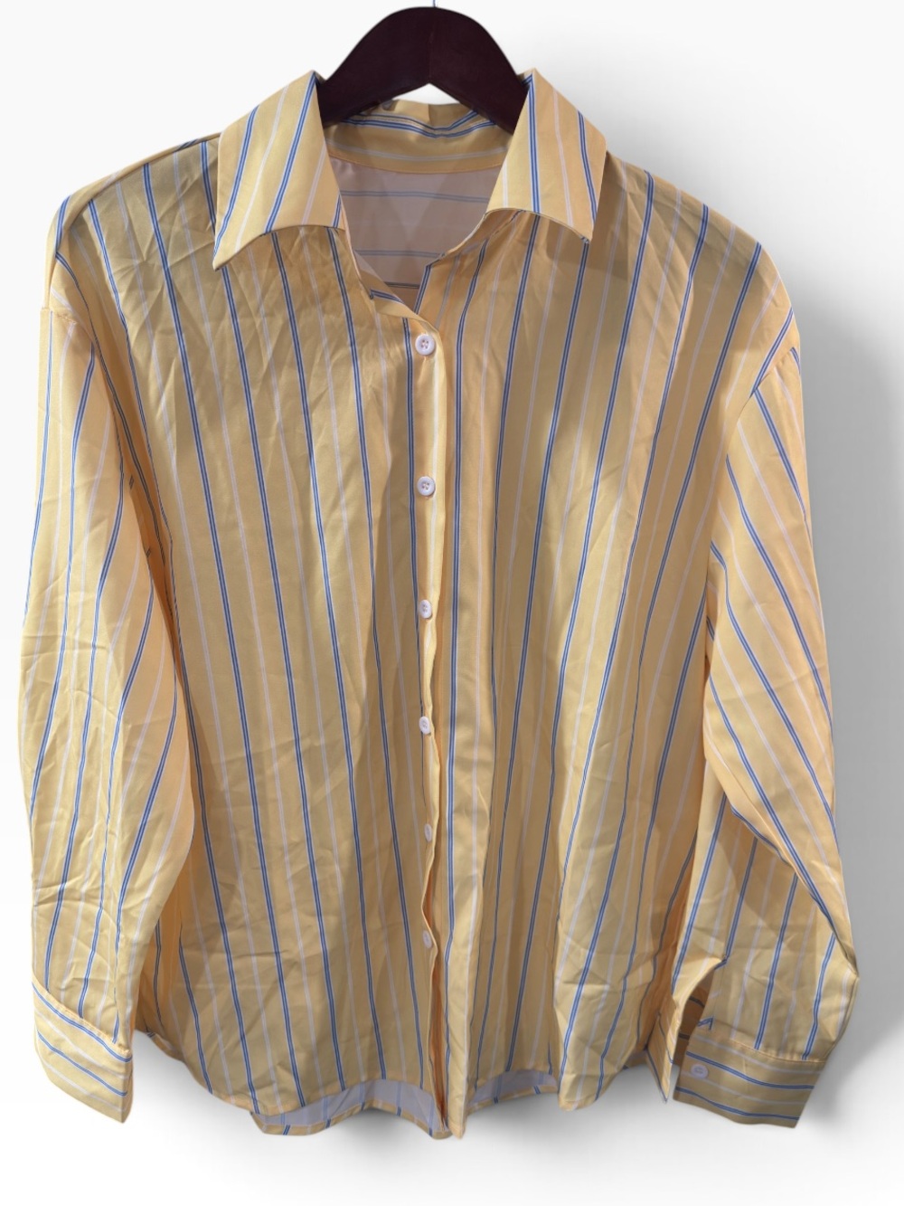 SHEIN Yellow Button-Down Shirt with Blue and White Stripes